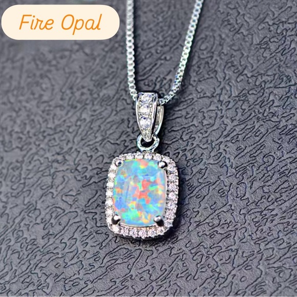 Jewelry - 3Ct Cushion Cut Fire Opal Diamond Halo Pendant 18" Necklace Sterling Silver